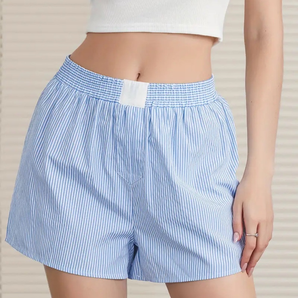 Y2K Striped Casual Shorts Elastic Waist Summer Streetwear Blue White Size L